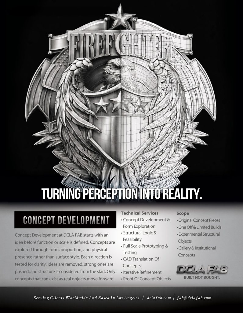 Concept development hero image featuring shield wireframe and structural emblem design, DCLA FAB Los Angeles