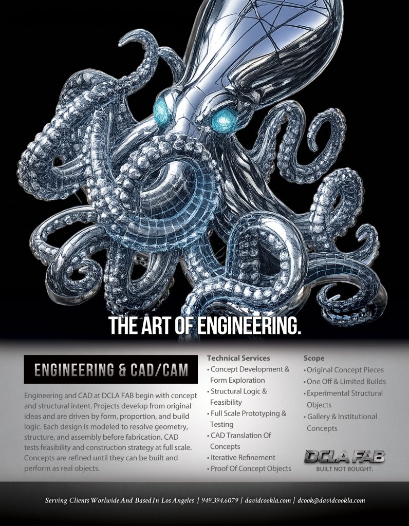 Engineering and CAD hero image featuring kraken wireframe concept and finished mechanical structure, DCLA FAB Los Angeles