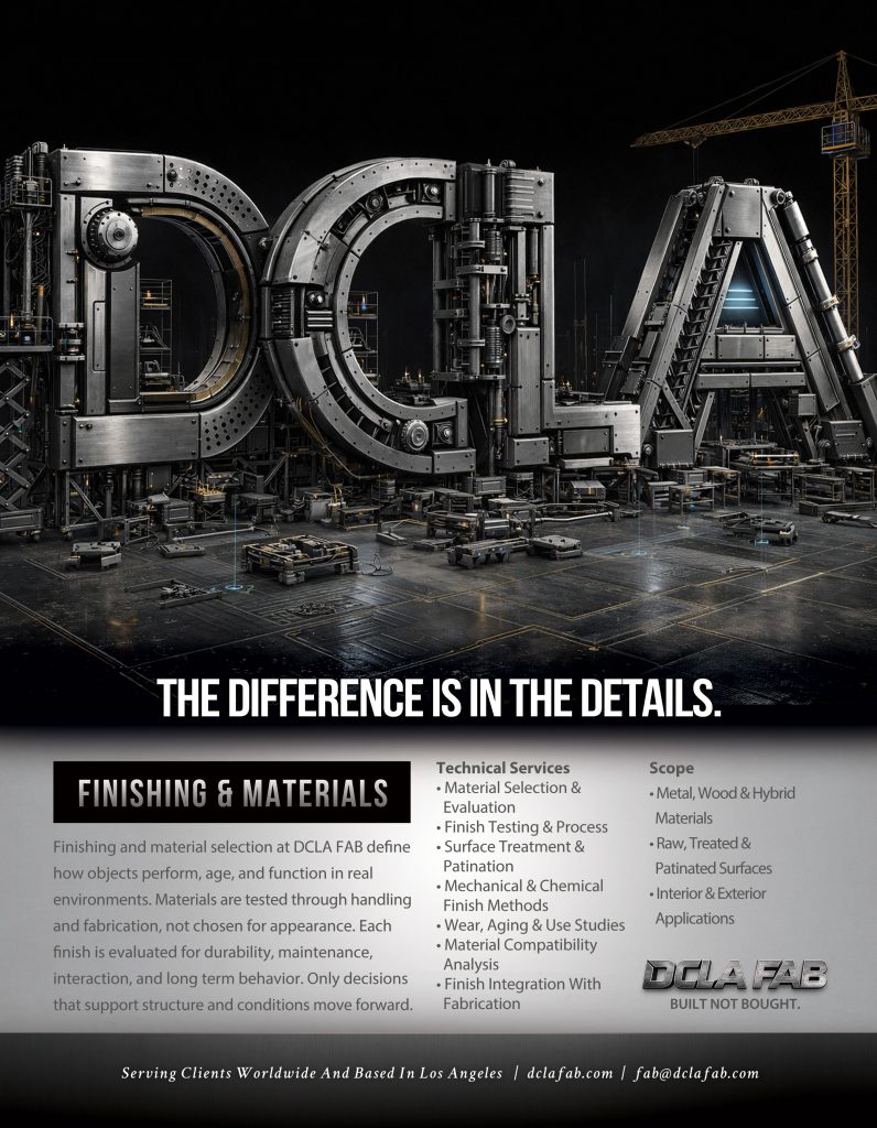 Finishing and materials hero image featuring industrial DCLA letters with engineered surface treatment, DCLA FAB Los Angeles