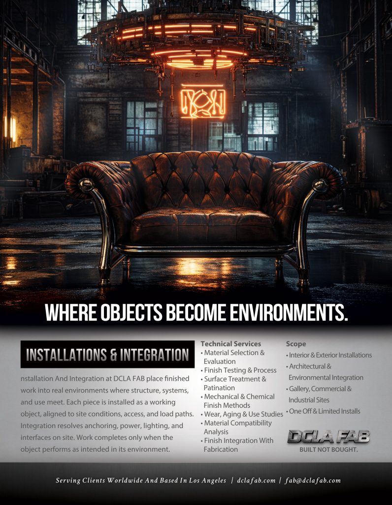 Installation and integration hero image featuring custom interior environment build by DCLA FAB Los Angeles