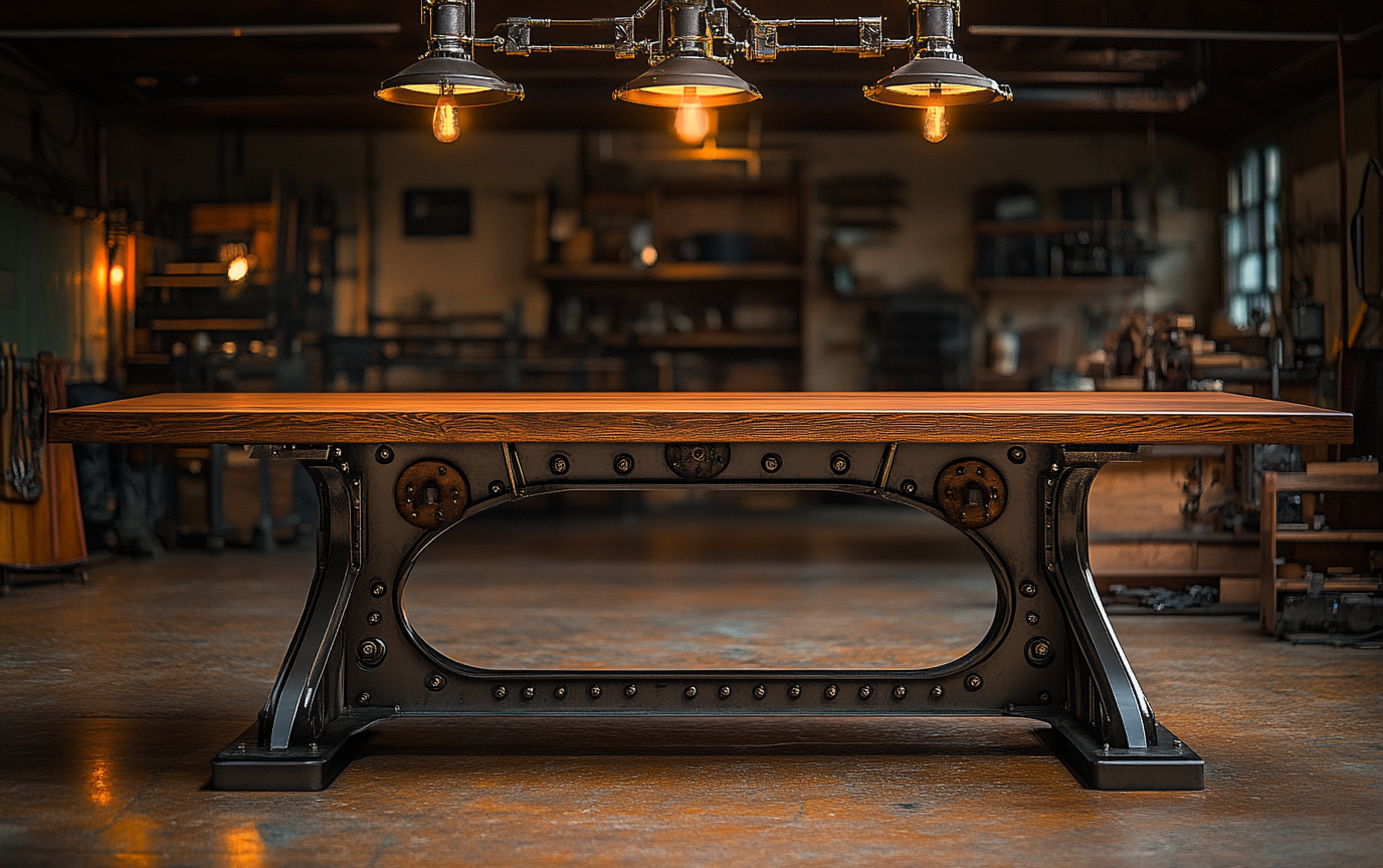 Custom steel and wood table installed in finished workshop environment