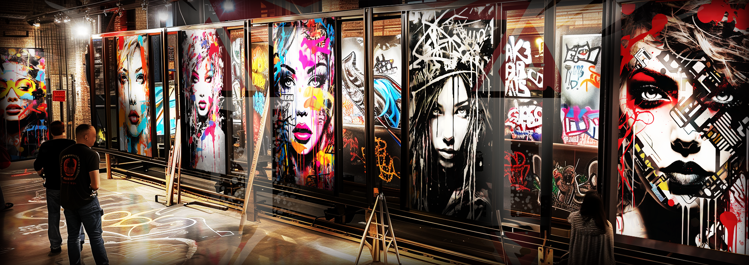 David Cook LA fine art collections displayed in industrial gallery setting featuring large scale portrait, stamp art, and contemporary mixed media works