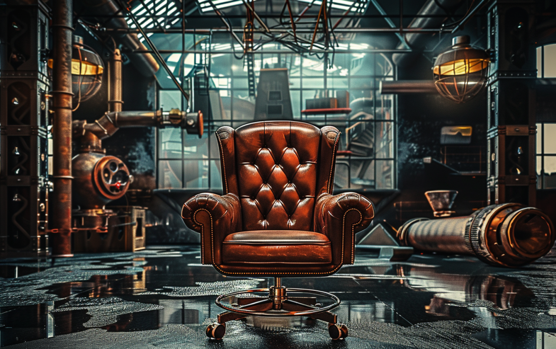 DCLA FAB conceptual fabrication project featuring custom industrial interior environment with leather chair and engineered details