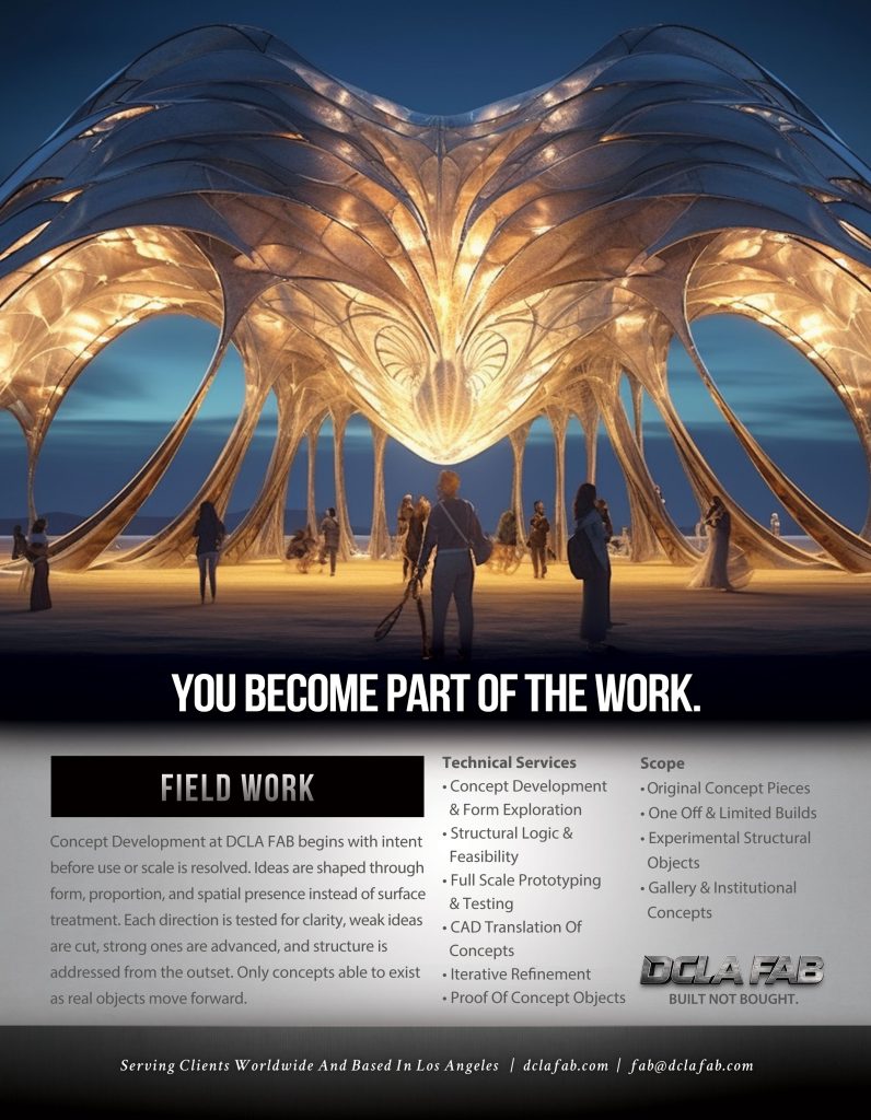 Field work hero image showing on site custom fabrication and environmental installation by DCLA FAB Los Angeles