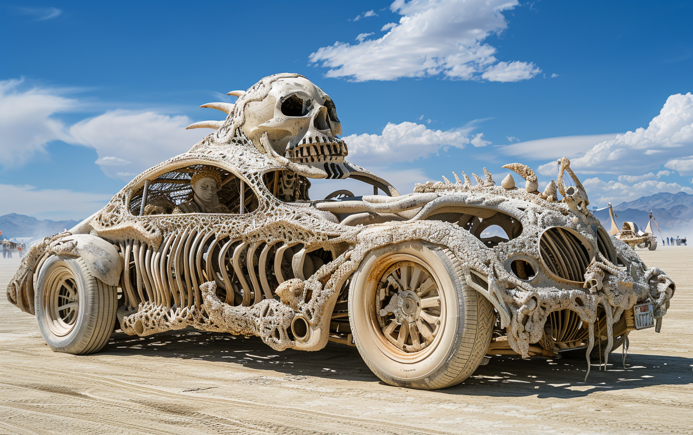 Conceptual automotive installation vehicle built from sculptural skeletal components displayed in desert environment