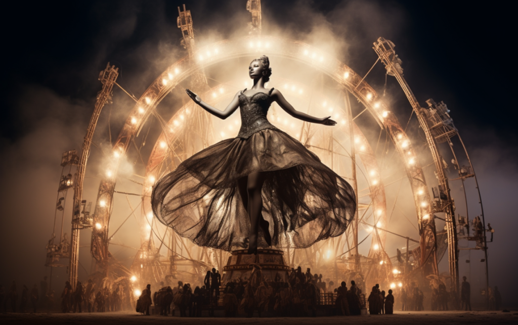 Field performance installation with illuminated structural ring and central sculptural figure by DCLA FAB Los Angeles