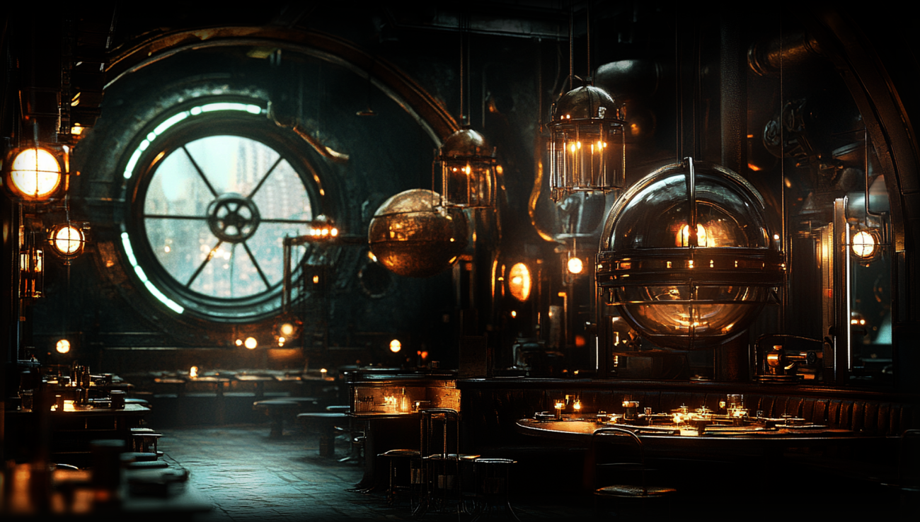 Wide-angle view of a custom environmental installation, showcasing the integration of industrial lighting and structural systems within a hospitality space.