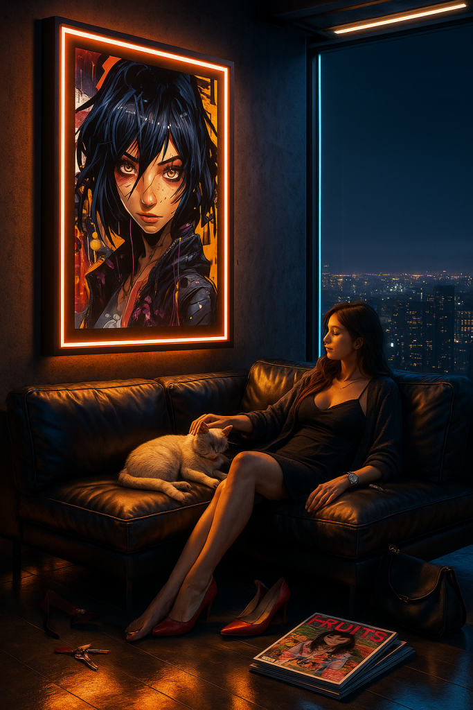 AmberResolve framed print displayed in a contemporary anime-inspired interior featuring modern décor, vibrant color accents, and stylized character artwork from the AnimeAllure Collection.