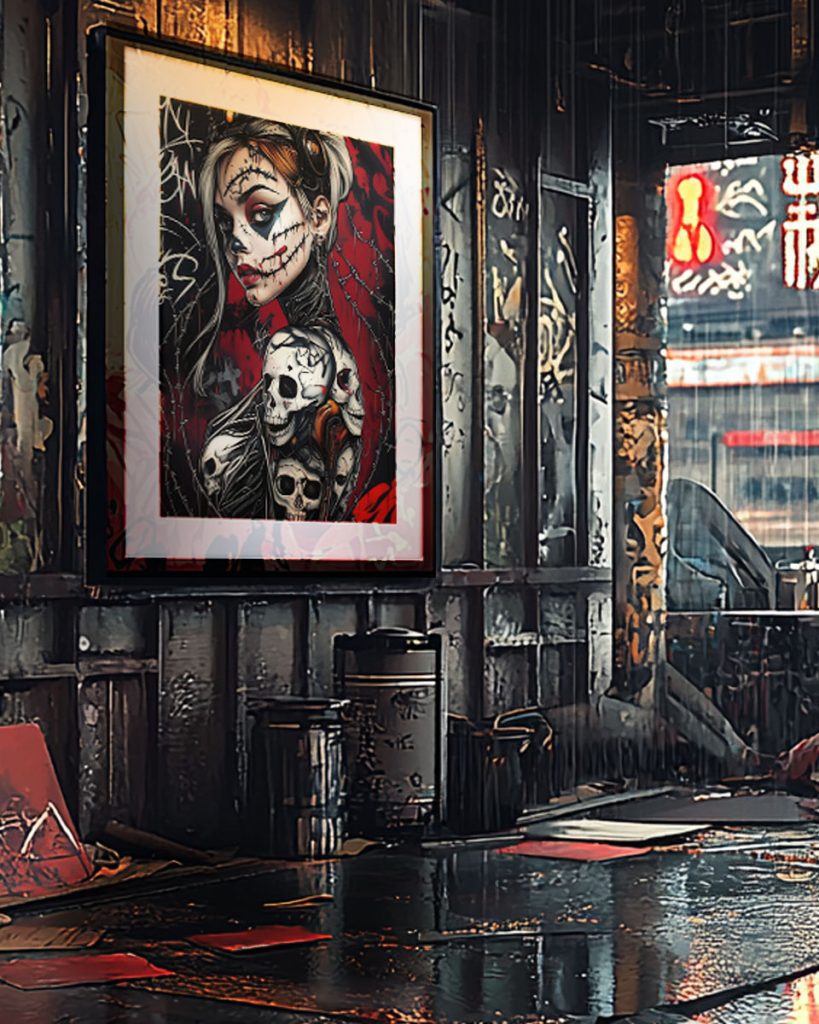 BloodRaven framed print displayed in a futuristic cyberpunk interior featuring neon lighting, advanced technology elements, and dystopian urban aesthetics from the Cyberpunk Collection.