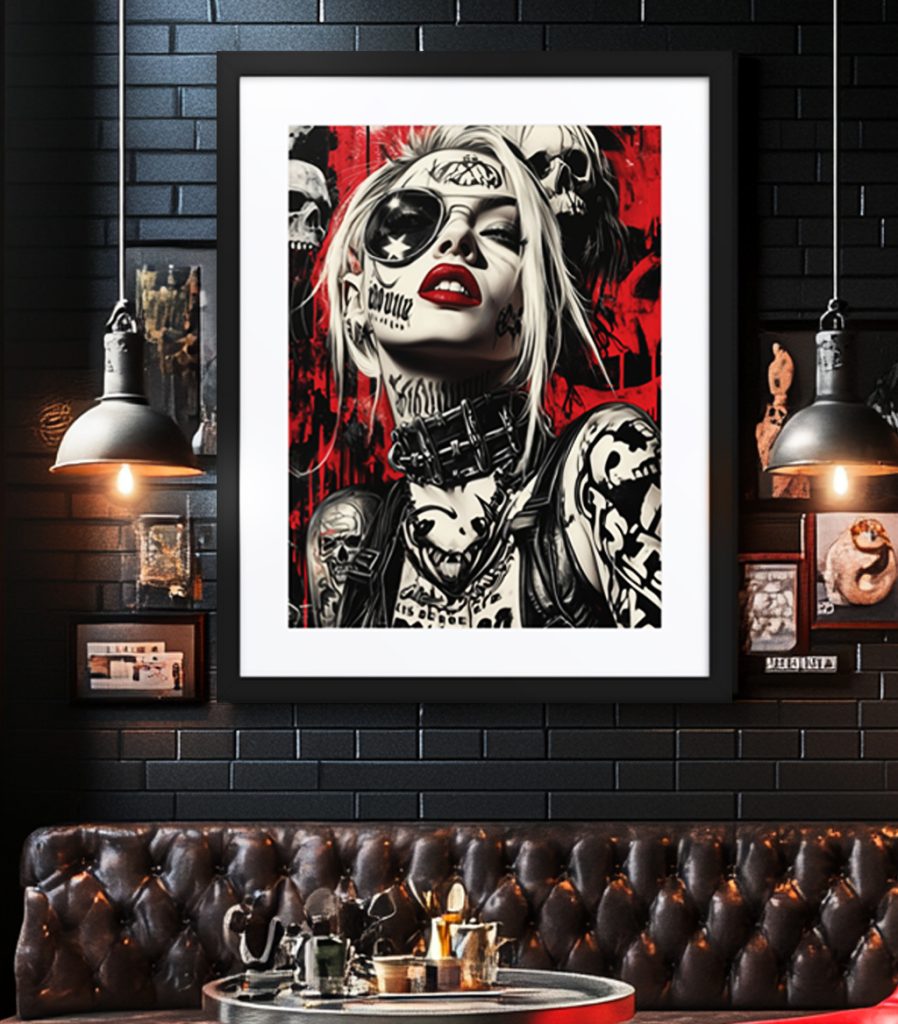 CrimsonChaos framed print displayed in a rock-inspired interior featuring industrial textures, dramatic lighting, and contemporary music culture aesthetics from the RebelVibe Collection.